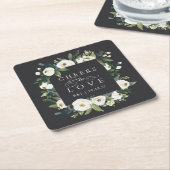 白い牡丹フローラフレーム「愛する応援」結婚の スクエアペーパーコースター (アングル)