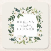 白い牡丹 |パーソナライズされたフローラフレ結婚ーム スクエアペーパーコースター (正面)