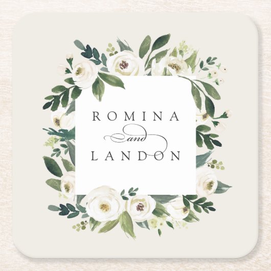 白い牡丹 |パーソナライズされたフローラフレ結婚ーム スクエアペーパーコースター (正面)
