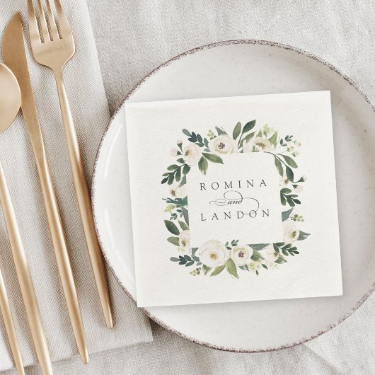 白い牡丹 |パーソナライズされたフローラフレ結婚ーム スタンダードカクテルナプキン