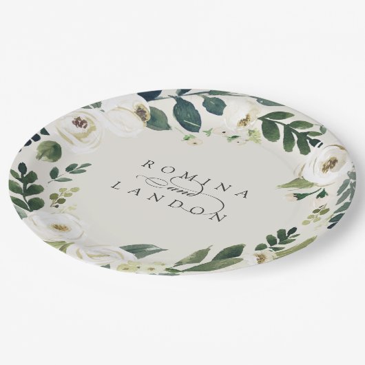 白い牡丹 |パーソナライズされたフローラ結婚リース ペーパープレート (アングル)