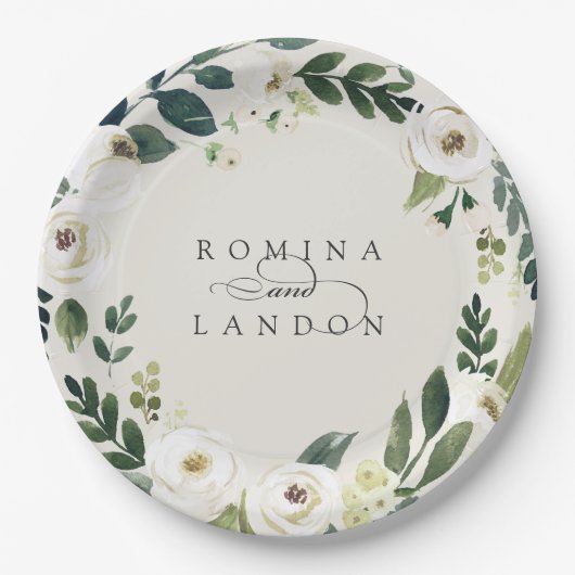 白い牡丹 |パーソナライズされたフローラ結婚リース ペーパープレート (正面)