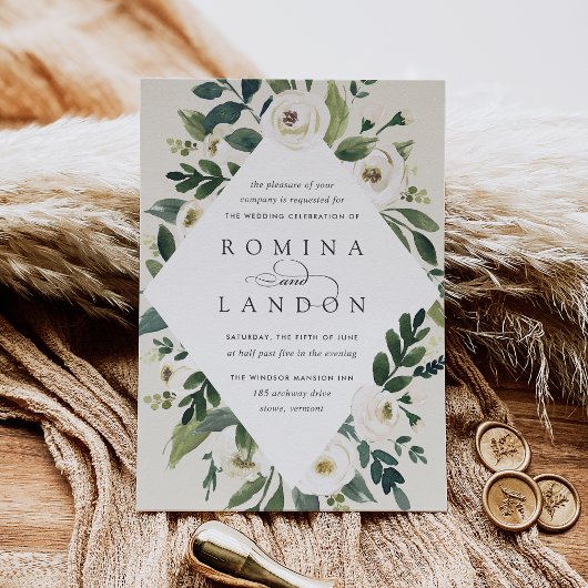 白い牡丹 |幾何学的フローラフレ結婚ーム 招待状