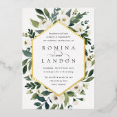 白い牡丹 |幾何学的フローラフレ結婚ーム 箔招待状 (正面)