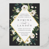 白い牡丹 |幾何学的フローラフレ結婚ーム 箔招待状 (正面)