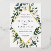 白い牡丹 |幾何学的フローラフレ結婚ーム 箔招待状 (正面)