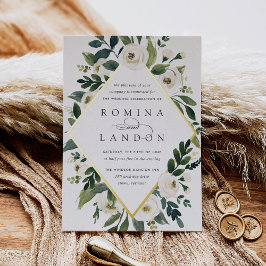 白い牡丹 |幾何学的フローラフレ結婚ーム 箔招待状