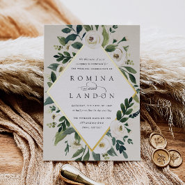 白い牡丹 |幾何学的フローラフレ結婚ーム 箔招待状