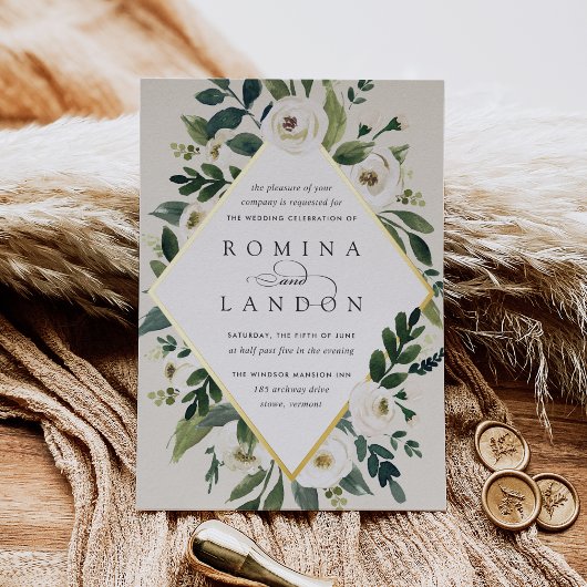 白い牡丹 |幾何学的フローラフレ結婚ーム 箔招待状