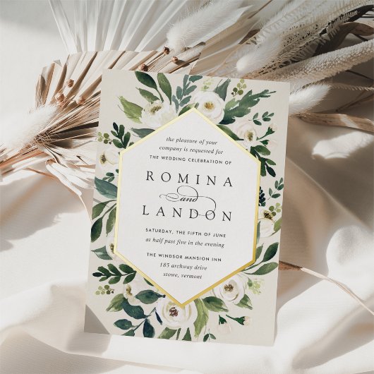 白い牡丹 |幾何学的フローラフレ結婚ーム 箔招待状