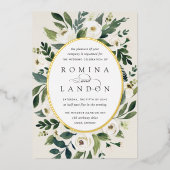 白い牡丹 |楕円フレームフローラ結婚ズ 箔招待状 (正面)