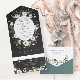 白い牡丹 |楕円形フレーム水彩フローラ結婚ズ オールインワン招待状