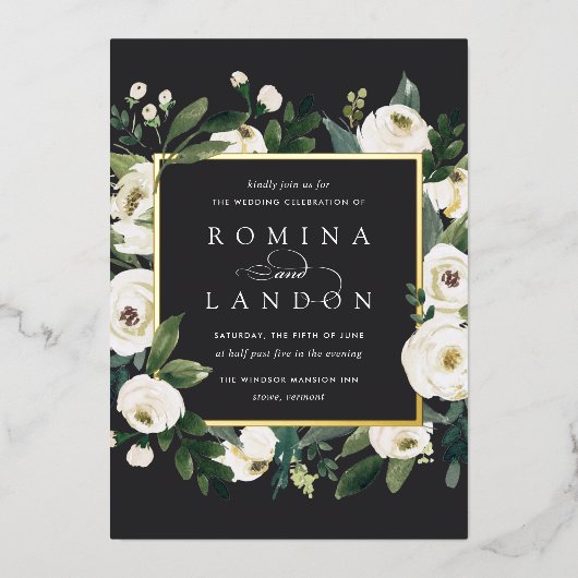 白い牡丹 |正方形フローラフレ結婚ーム 箔招待状 (正面)