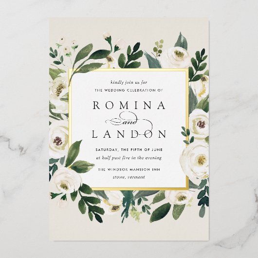 白い牡丹 |正方形フローラフレ結婚ーム 箔招待状 (正面)