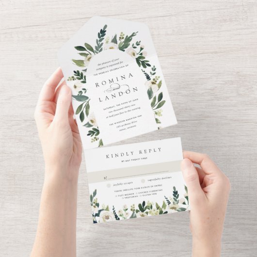 白い牡丹 |水彩フローラアー結婚チ オールインワン招待状 (貼ってはがせる)