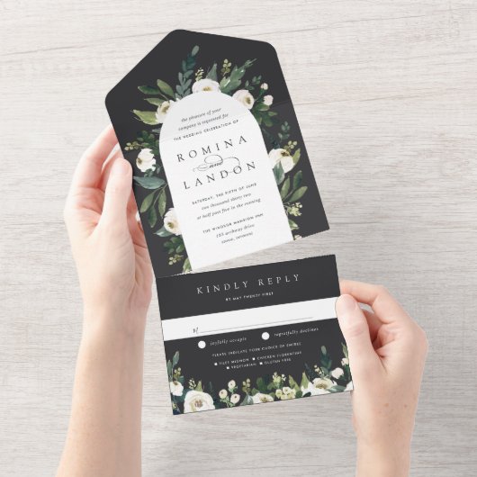 白い牡丹 |水彩フローラアー結婚チ オールインワン招待状 (貼ってはがせる)