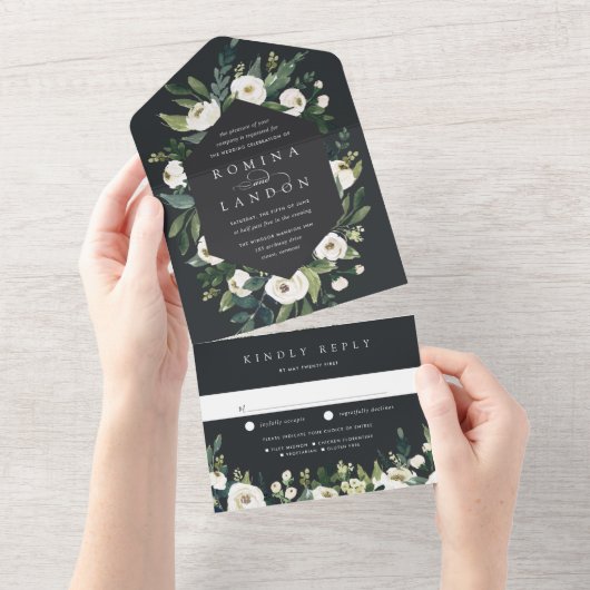 白い牡丹 |水彩フローラフレ結婚ーム オールインワン招待状 (貼ってはがせる)