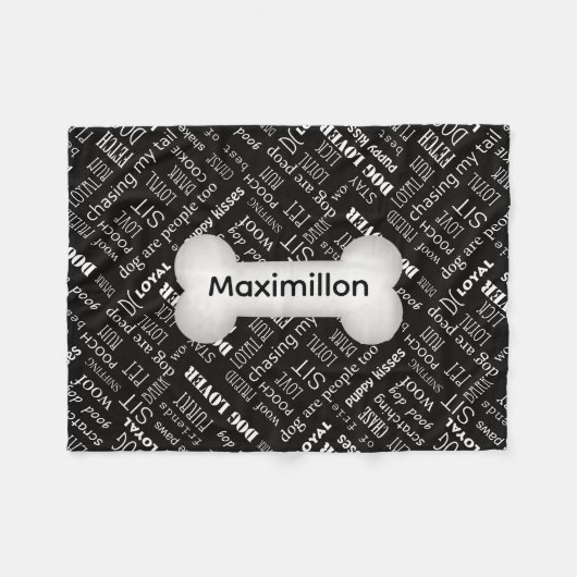 白い犬の骨と名前を持つ小さな黒 フリースブランケット (正面(横))