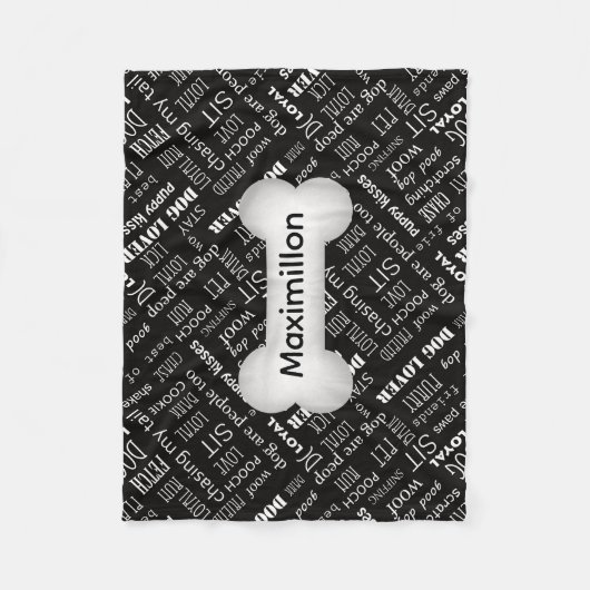 白い犬の骨と名前を持つ小さな黒 フリースブランケット (正面)
