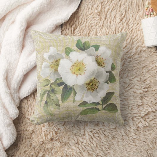 白い犬バラ及びレースの花のヴィンテージの枕 クッション (ブランケット)