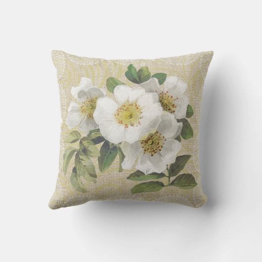 白い犬バラ及びレースの花のヴィンテージの枕 クッション (裏面)