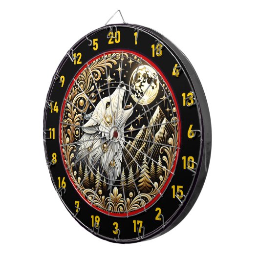 白い狼が月の下で吠え白熱［赤熱］光を放つる ダーツボード (正面右)