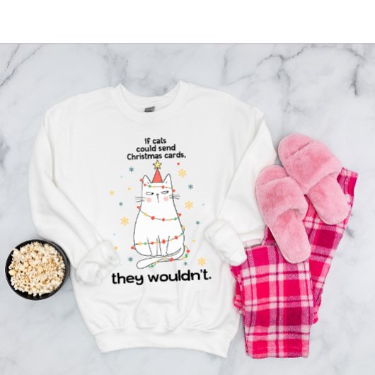 白い猫おもしろいのクリスマスツリーは皮肉な光 スウェットシャツ