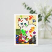 白い猫が絵を描する ポストカード (スタンド正面)