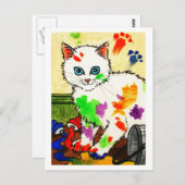 白い猫が絵を描する ポストカード (正面/裏面)