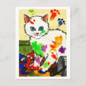 白い猫が絵を描する ポストカード (正面)