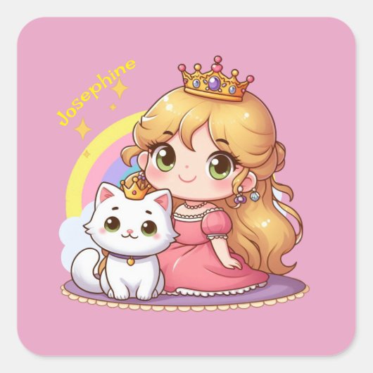 白い猫と合わせてカスタマイズ可能なかわいい王女 スクエアシール (正面)