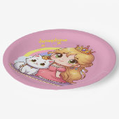 白い猫と合わせてカスタマイズ可能なかわいい王女 ペーパープレート (アングル)