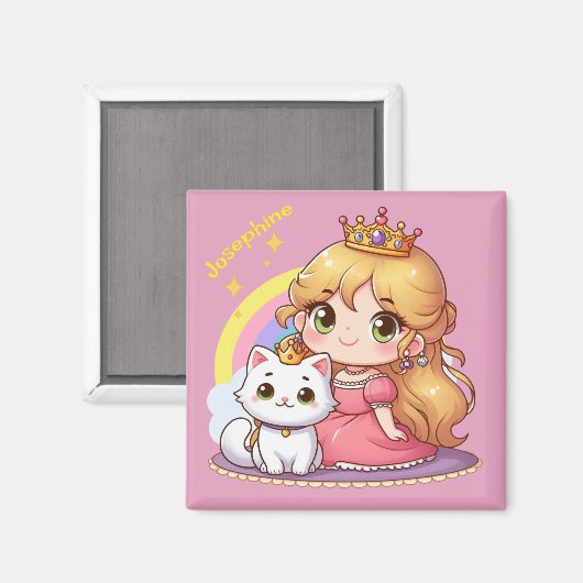 白い猫と合わせてカスタマイズ可能なかわいい王女 マグネット (正面/裏面)