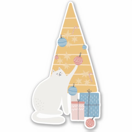 白い猫と遊オーナメントのクリスマスツリー シール (正面)