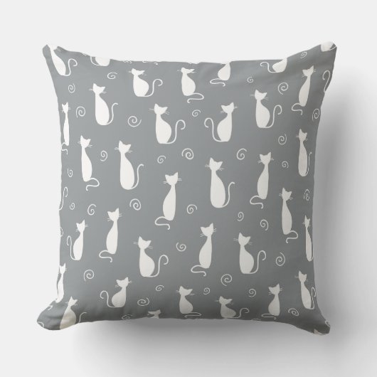 白い猫のシルエットとシルバーグレー クッション (正面)