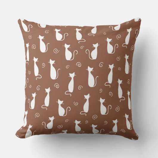 白い猫のシルエットとミディアムブラウン クッション (正面)