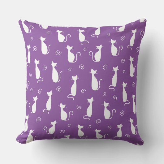 白い猫のシルエットを持つ紫 クッション (正面)