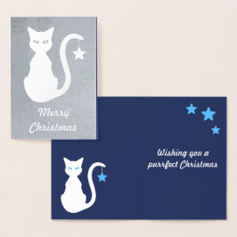 白い猫ホイルのクリスマスカード 箔カード