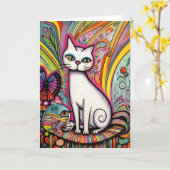 白い猫 カード (黄色い花)