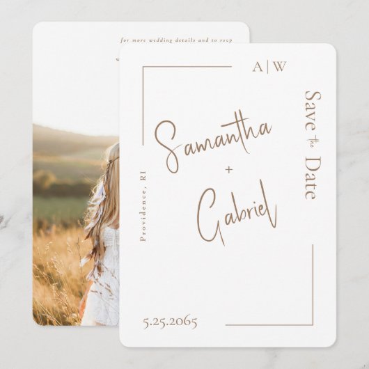 白い現代的な写真の結婚式 Save the Date セーブザデート (正面/裏面)