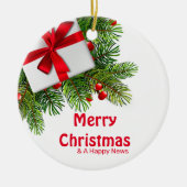 白い現在の赤い弓を持つクリスマスパイン セラミックオーナメント (正面)