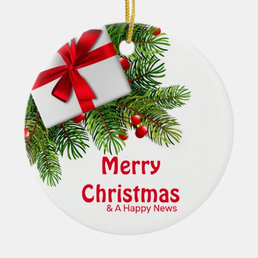 白い現在の赤い弓を持つクリスマスパイン セラミックオーナメント (正面)