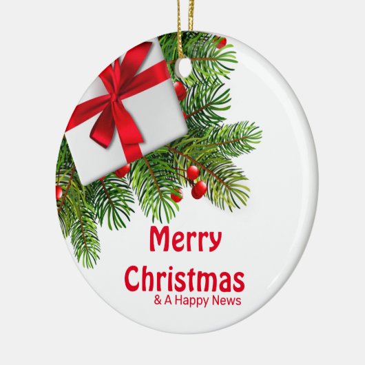 白い現在の赤い弓を持つクリスマスパイン セラミックオーナメント (左)