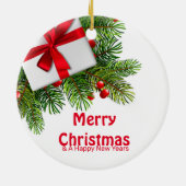 白い現在の赤い弓を持つクリスマスパイン セラミックオーナメント (裏面)