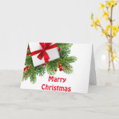 白い現在の赤のクリスマスパイン カード (黄色い花)