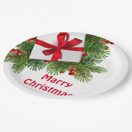 白い現在の赤のクリスマスパイン ペーパープレート (アングル)