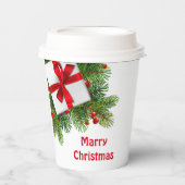白い現在の赤のクリスマスパイン 紙コップ (正面)