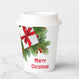 白い現在の赤のクリスマスパイン 紙コップ