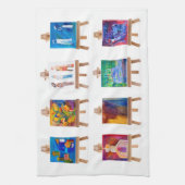 白い画材で孤立したイーゼルのミニペイント6点 キッチンタオル (縦)