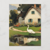 白い白鳥がコテージの前に立つ ポストカード (正面)